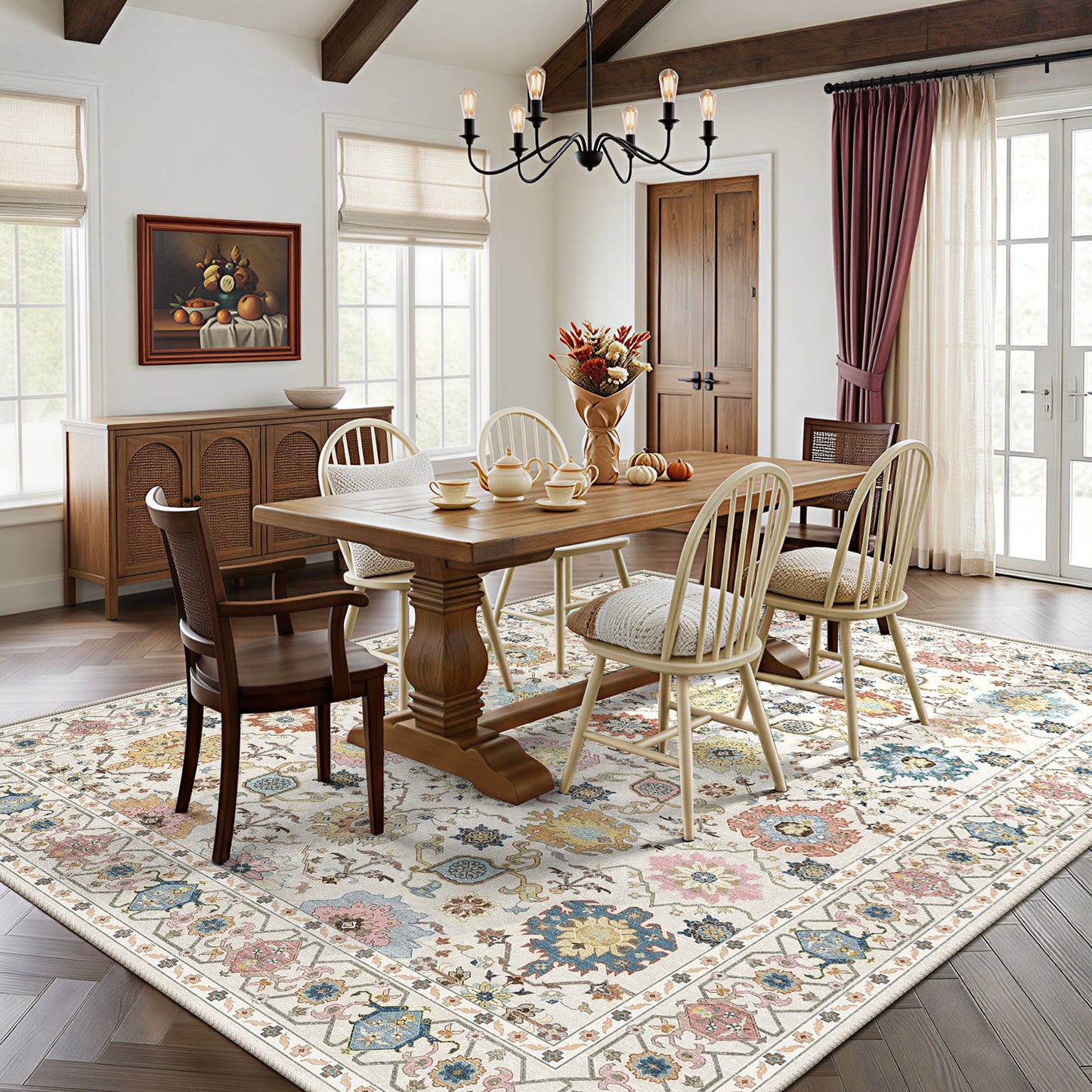 CHITOOMA 8'x10' Area Rugs for Living Room, Boho Machine Washable Floral Area Rug with Non-Slip Backing, Stain Resistant Non-Shed Carpet for Bedroom, Dining Room, Dorm, Office