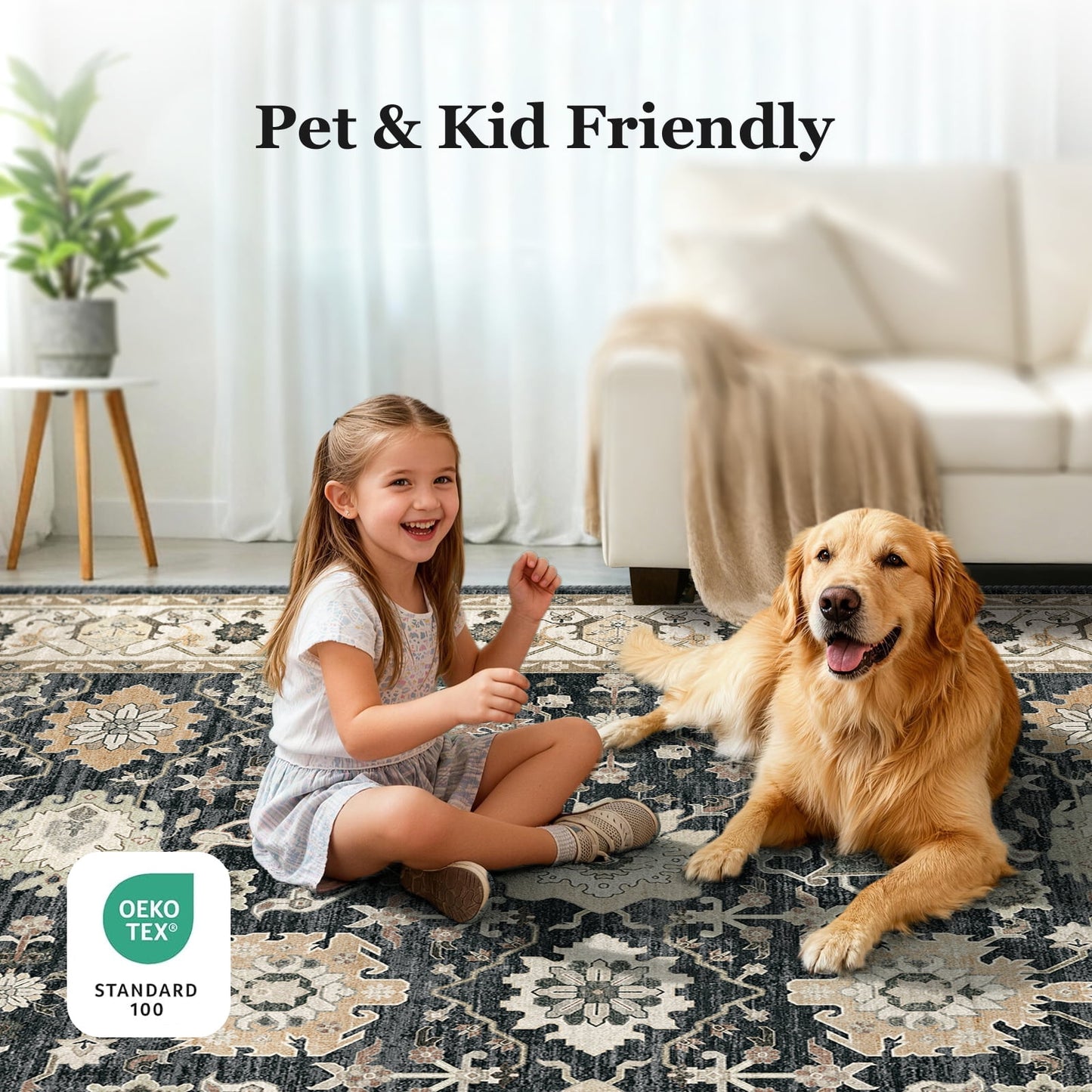 CHITOOMA 8'x10' Area Rugs for Living Room, Boho Machine Washable Floral Area Rug with Non-Slip Backing, Stain Resistant Non-Shed Carpet for Bedroom, Dining Room, Dorm, Office