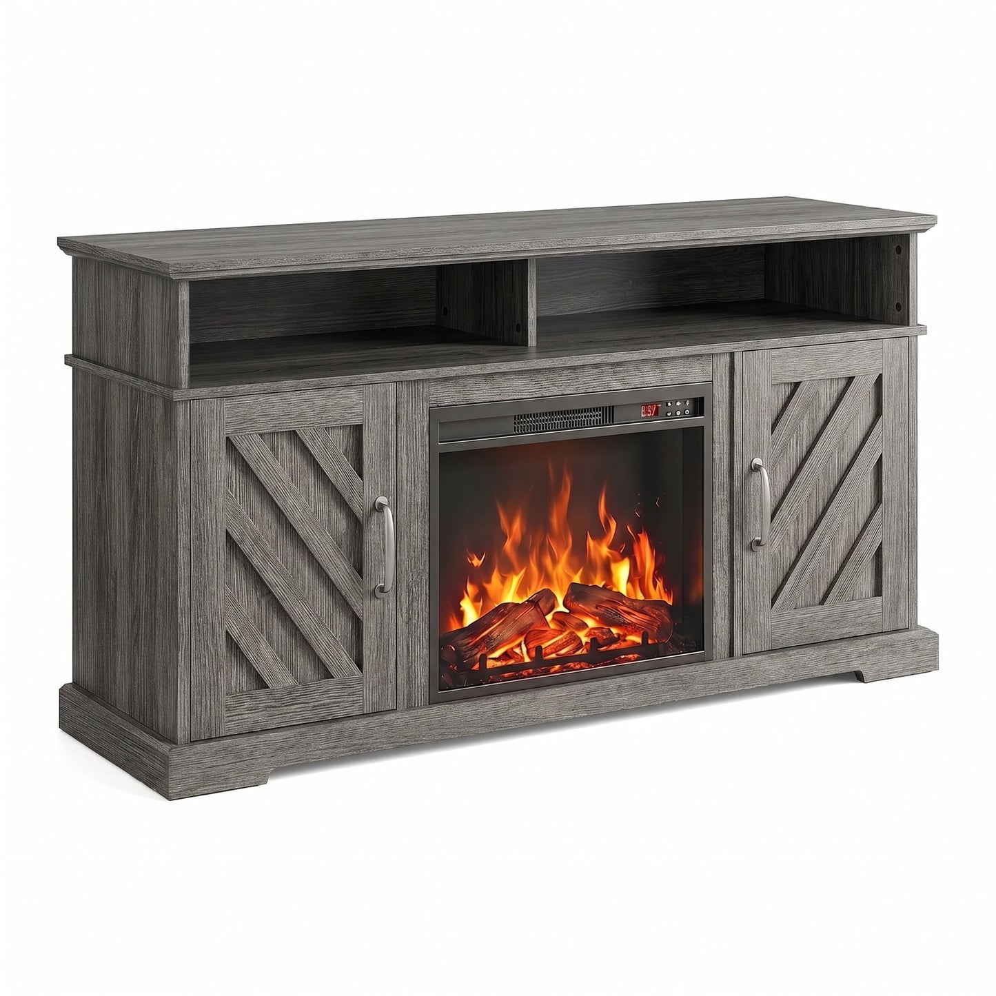 CHITOOMA Electric Fireplace TV Stand for 65 70 75 inch TV with Remote Control, Farmhouse Entertainment Center with 23″ Fireplace for Living Room, Bedroom,Gray