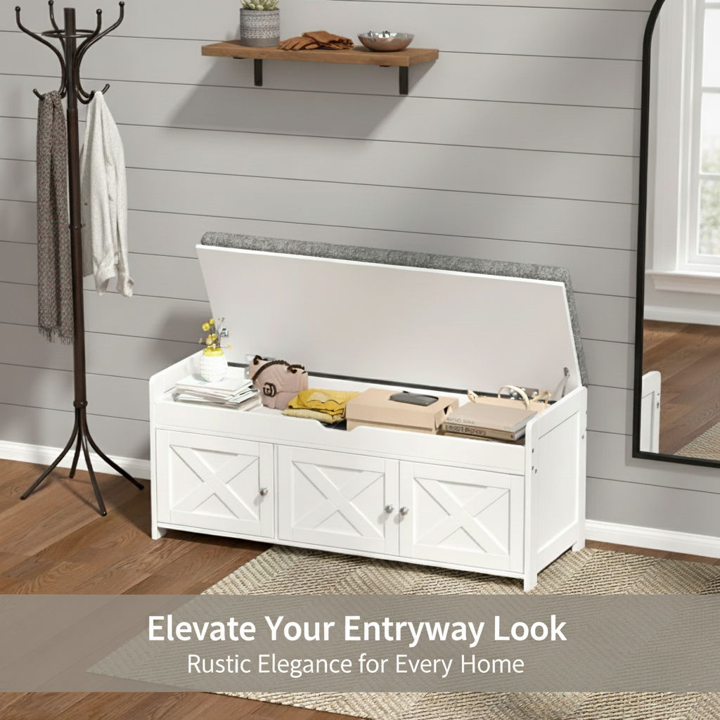 CHITOOMA Shoe Storage Bench, 43.4" Wide Shoe Bench with Padded Seat Cushion and Lift Top Storage, Bench with Barn Doors and Adjustable Shelf for for Entryway, Bedroom, Living Room, White