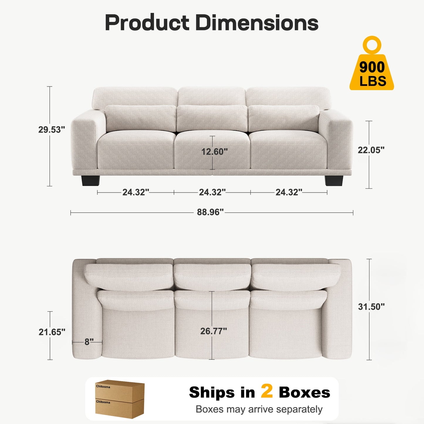 CHITOOMA 89" 3-Seater Sofa for Living Room, Deep Seat Modern Couch with 3 Pillows, Linen Fabric, Removable Covers, Wide Armrests & Steel Frame, White