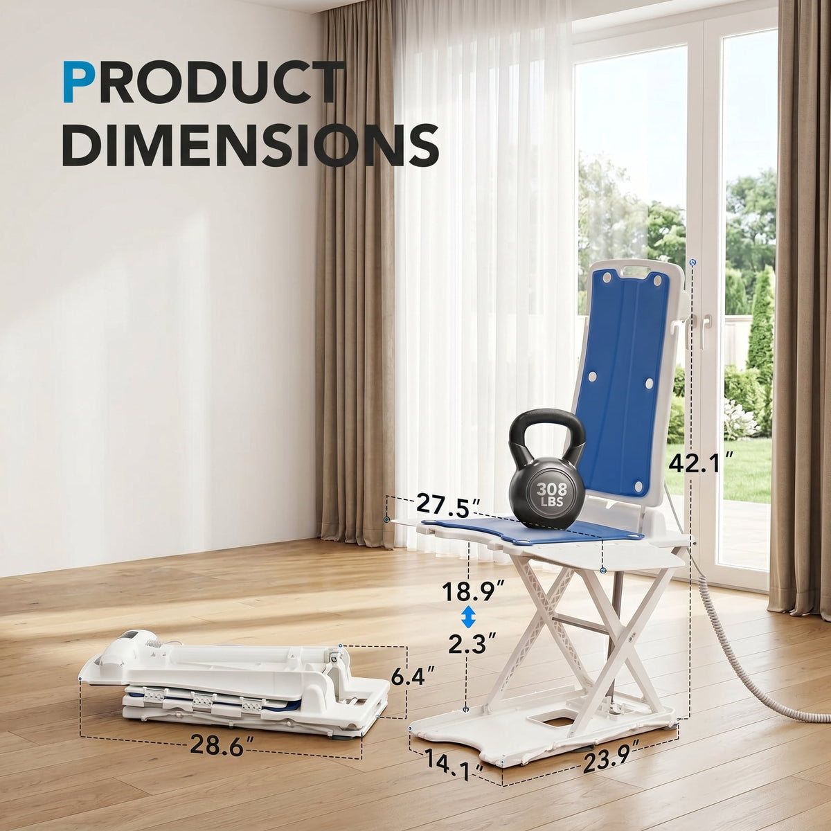 CHITOOMA Electric Chair Lift for Elderly,Floor Lift & IP68 Waterproof Bath Lift for Tub,308 lbs Capacity,Height Adjustable 2.3"-18.9",Chair Lift Assist Devices for Seniors & Disabled,White
