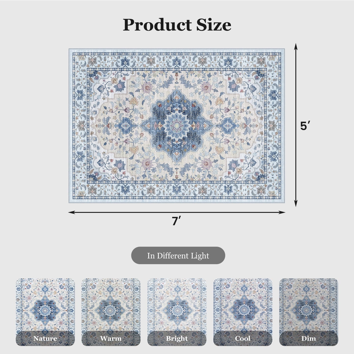 CHITOOMA 5'x7' Area Rugs for Living Room, Boho Machine Washable Stain Resistant Non-Shed Carpet, Floral Area Rug with Non-Slip Backing for Bedroom, Dining Room, Dorm, Office