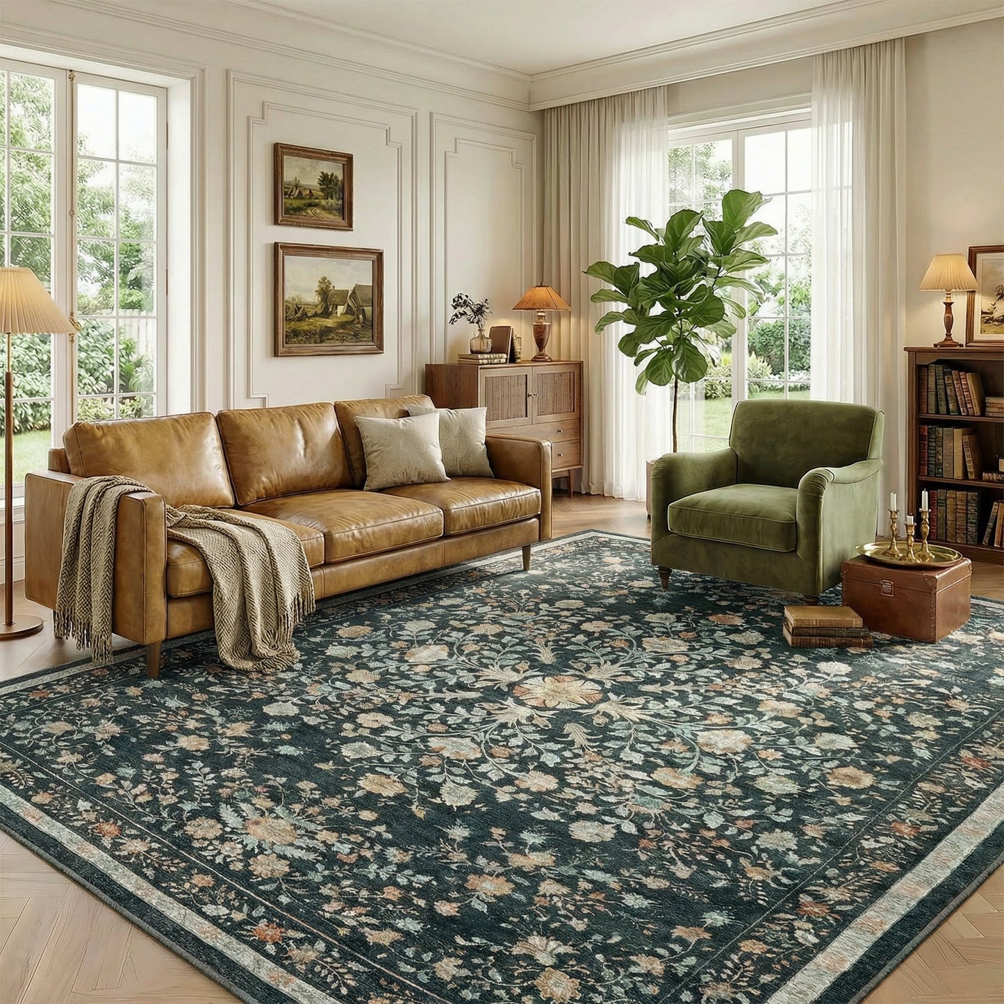 CHITOOMA 6'x9' Boho Area Rugs for Living Room, Machine Washable Stain Resistant Non-Shed Carpet, Floral Area Rug with Non-Slip Backing for Bedroom, Dining Room, Dorm, Office