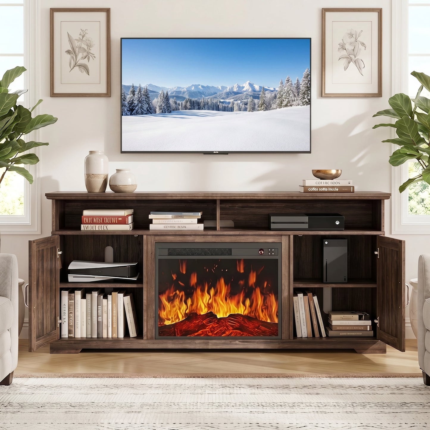 CHITOOMA Electric Fireplace TV Stand for 65 70 75 inch TV with Remote Control, Farmhouse Entertainment Center with 23″ Fireplace for Living Room, Bedroom,Vintage Brown