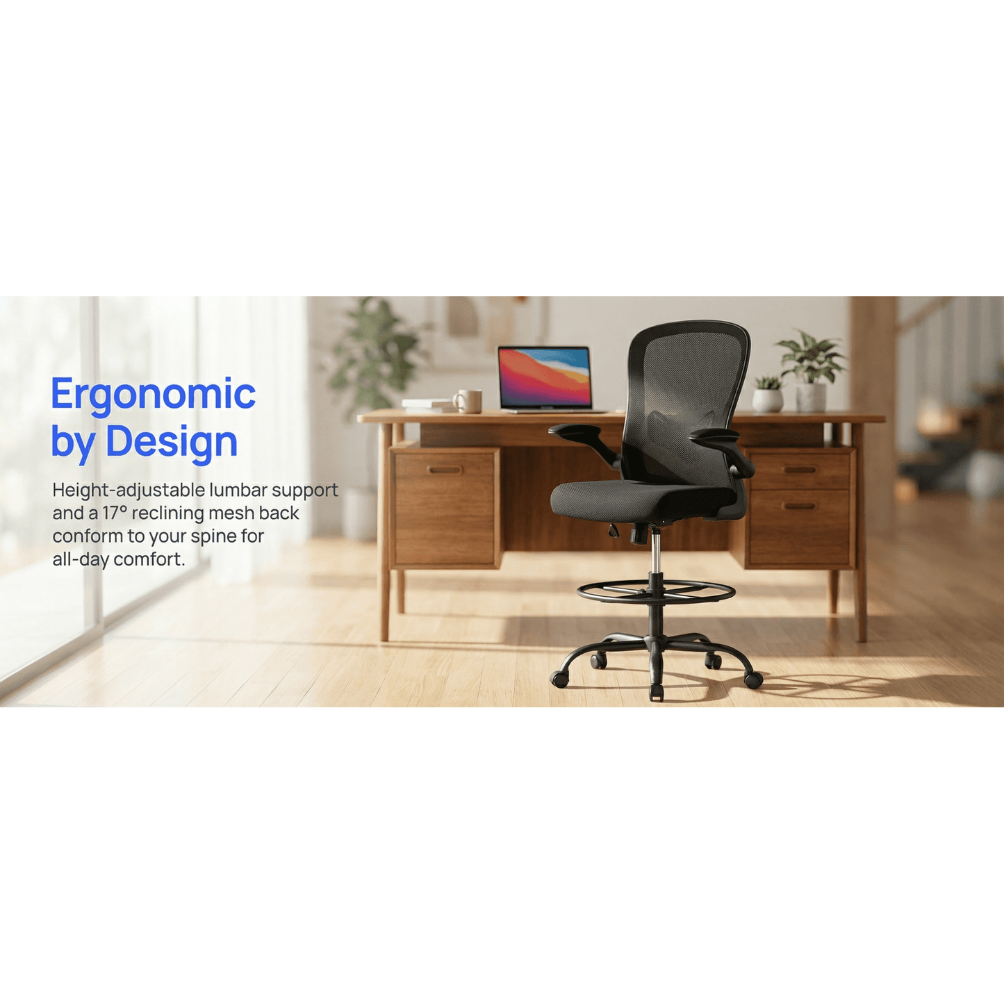 BESTERGO Tall Drafting Chair with Flip-Up Armrests, Adjustable Foot Ring, Ergonomic High Office Chair with Lumbar Support, Height-Adjustable Standing Desk Chair