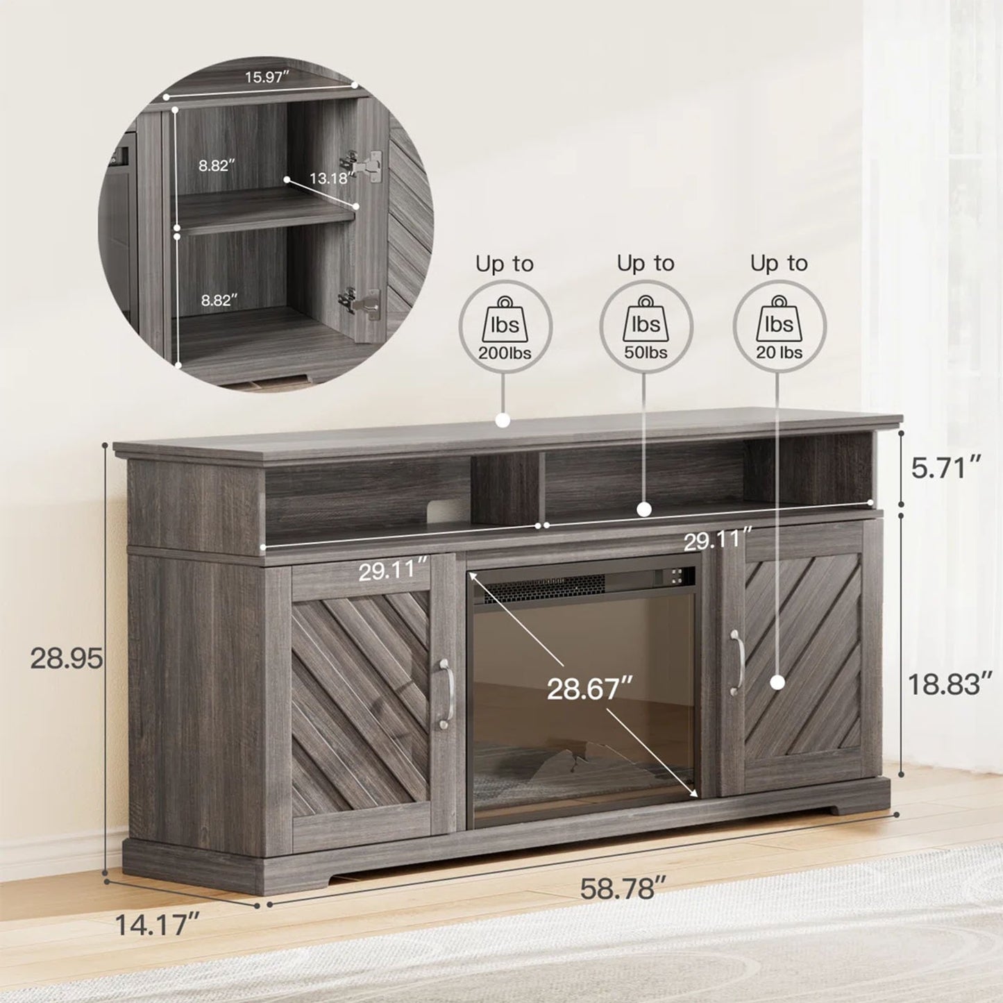 CHITOOMA 75" Fireplace TV Stand, Coffee Table and C Shaped End Table Combo, Farmhouse Entertainment Center with 23" Electric Fireplace for Living Room, Bedroom, Gray