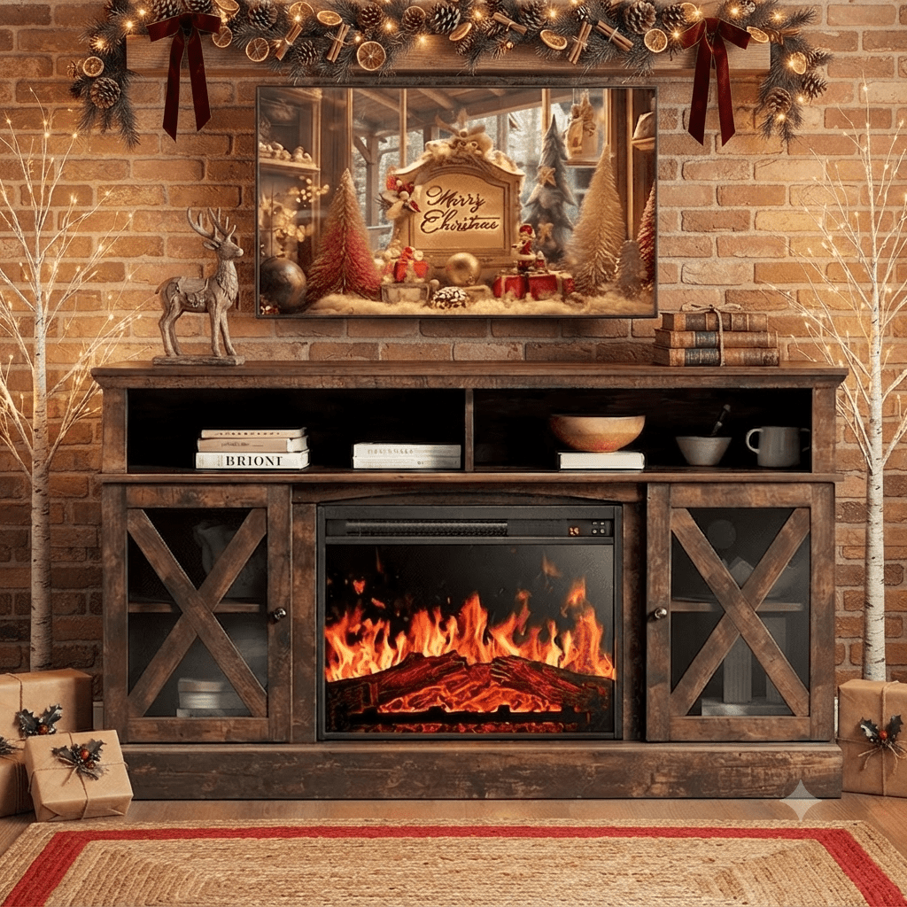 Electric Fireplace TV Stand for 75 inch TVs Farmhouse TV Console with 23″ Fireplace, Vintage Brown