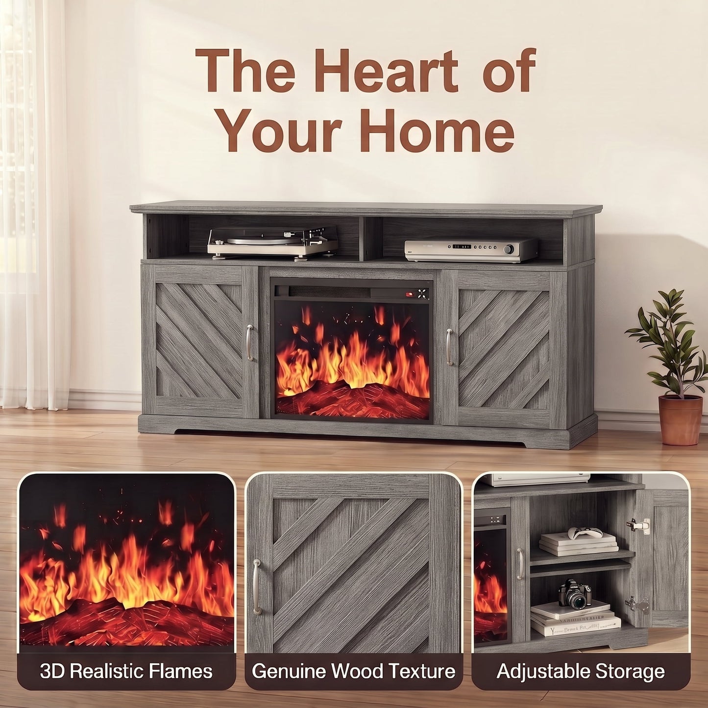 CHITOOMA Electric Fireplace TV Stand for 65 70 75 inch TV with Remote Control, Farmhouse Entertainment Center with 23″ Fireplace for Living Room, Bedroom,Gray