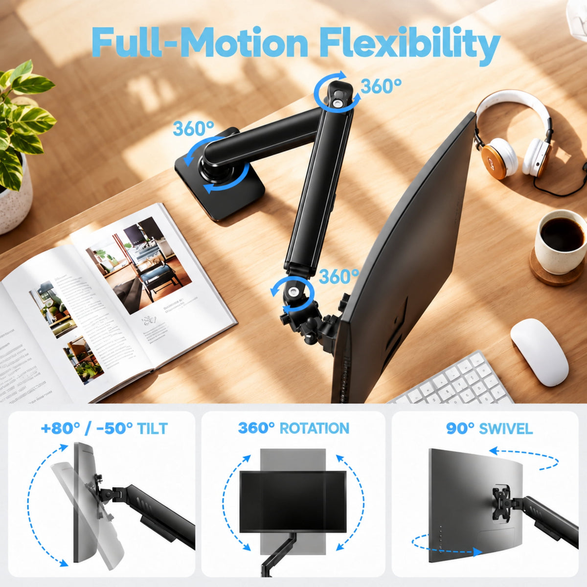 Kyspho Single Monitor Arm for 13" to 34 " Screens, Holds 19.8 lbs, Max 100x100mm, Monitor Stand with C-Clamp Tool-Free Mount, Cable Management, Adjustability for Swivel,Tilt and Rotation