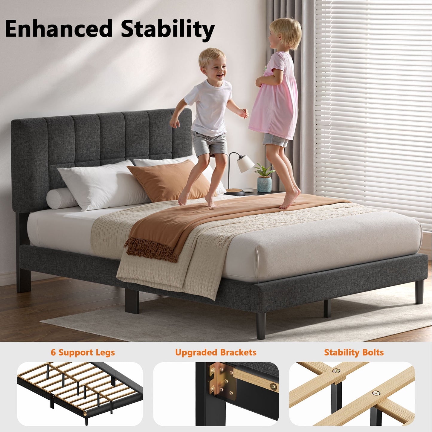 CHITOOMA Twin Bed Frame with Adjustable Headboard, Upholstered Platform Bed Frame Twin Size No Box Spring Needed, Noise-Free, Heavy Duty, Dark Grey