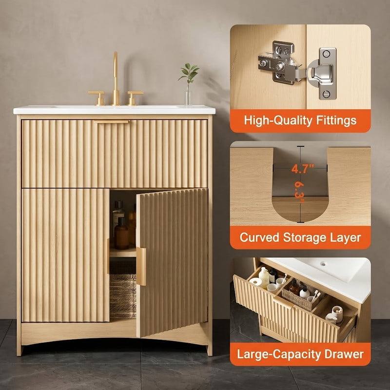 30 Inch Bathroom Vanity with Ceramic Sink, Freestanding Bathroom Sink Cabinet with Fluted Doors, 2 Doors and 1 Drawer, Adjustable Shelf, Modern Bathroom Storage Combo, Natural Oak