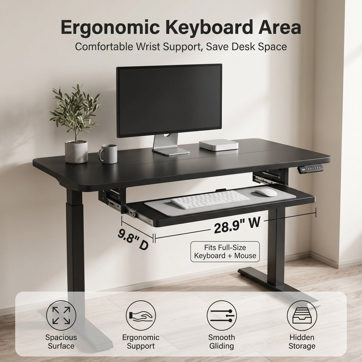 CHITOOMA Electric Standing Desk with Keyboard Tray, 48" x 24" Height Adjustable Sit Stand up Desk with Headphone Hook & 4 Height Memory Pre-Set for Home Office, Black