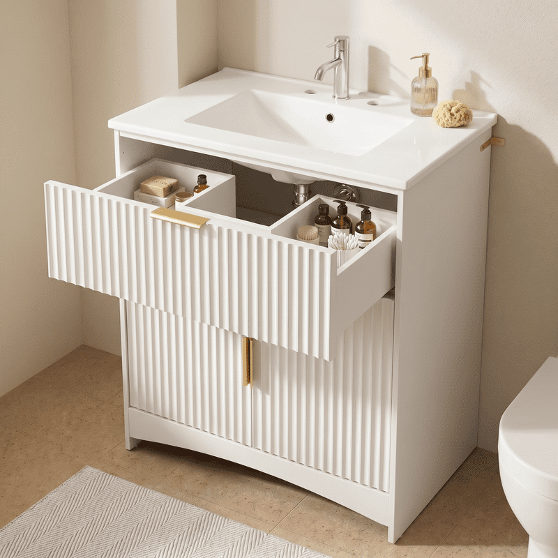 30 Inch Bathroom Vanity with Ceramic Sink, Freestanding Bathroom Sink Cabinet with Fluted Doors, 2 Doors and 1 Drawer, Adjustable Shelf, Modern Bathroom Storage Combo, White