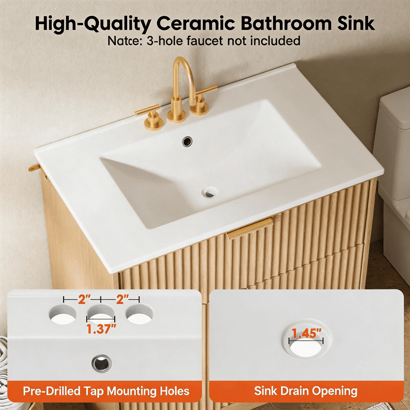 30 Inch Bathroom Vanity with Ceramic Sink, Freestanding Bathroom Sink Cabinet with Fluted Doors, 2 Doors and 1 Drawer, Adjustable Shelf, Modern Bathroom Storage Combo, Natural Oak