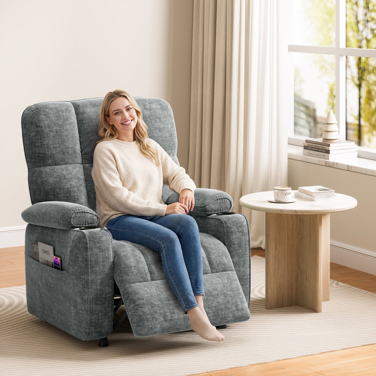 CHITOOMA Power Recliner Chair for Adults, Zero Gravity Electric Reclining Sofa with USB Port, Cup Holder & Side Pockets, Chenille Fabric, Light Gray