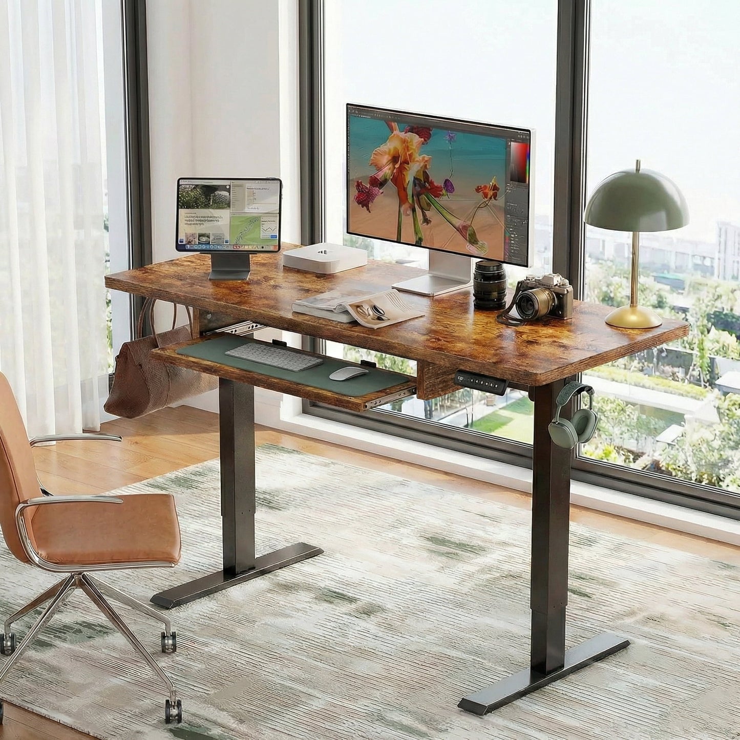 CHITOOMA Electric Standing Desk with Keyboard Tray, 48" x 24" Adjustable Height Sit Stand Up Desk, Home Office Gaming Desk Computer Workstation, Vintage Brown