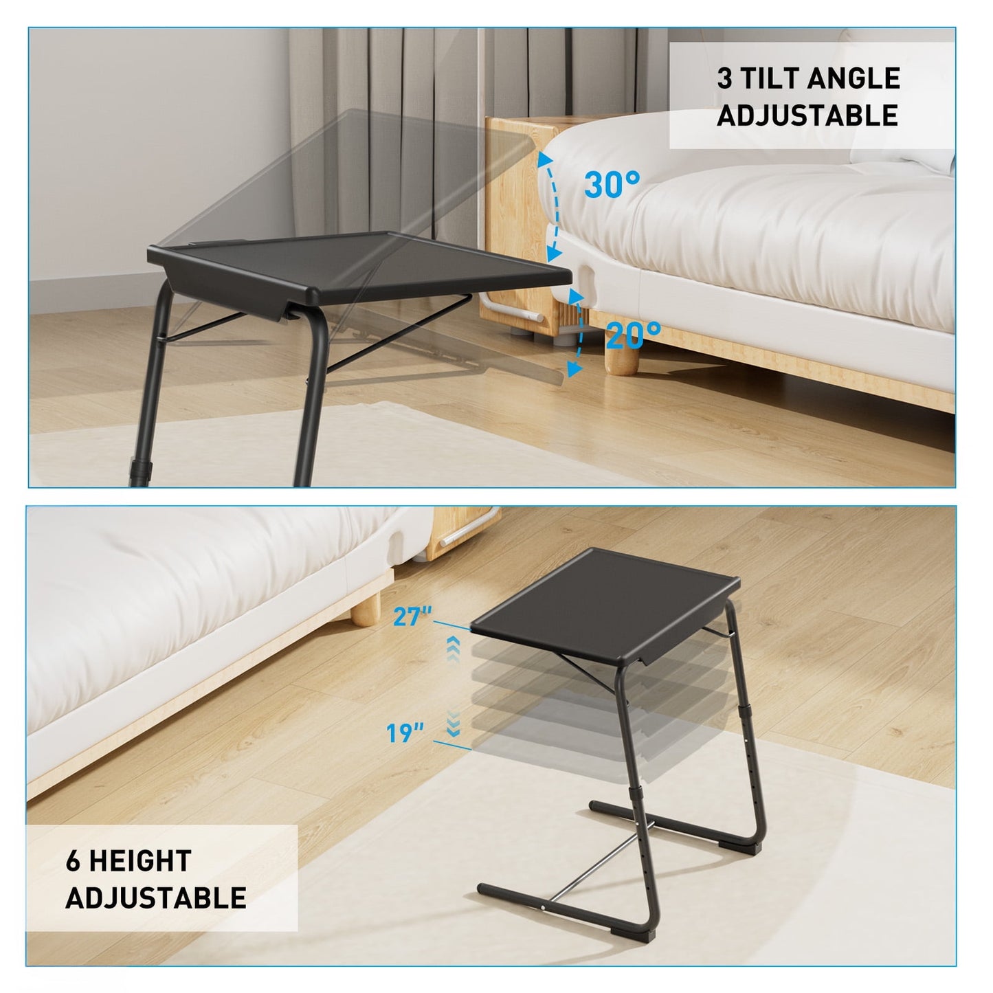 TV Tray Table with Cup Holders, Portable C-Shaped Side Dinner Tray Table, Adjustable 6 Heights & 3 Tilt Angle for Living Room, Bedroom, Black
