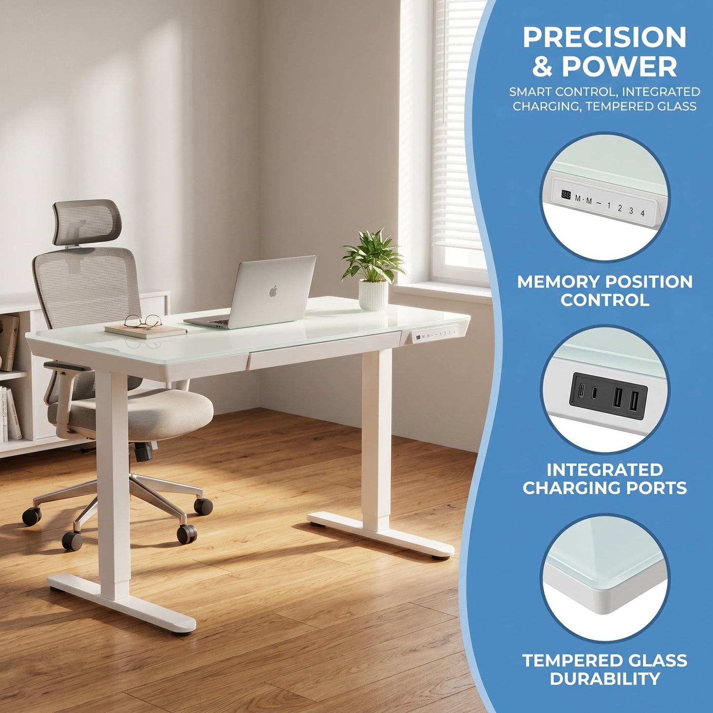 CHITOOMA Glass Top 48" x 24" Electric Standing Desk with Drawer, Height Adjustable Sit Stand Desk for Home Office, White