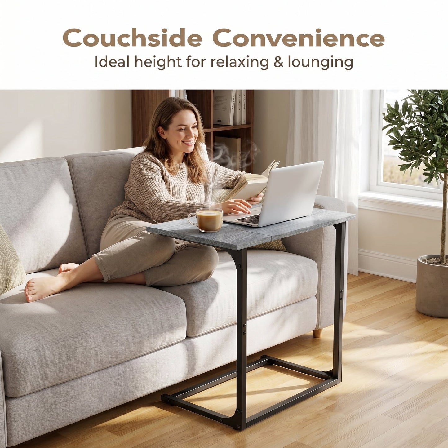 C Shaped Metal Couch End Table Tray Table 2pcs, Widened Side Table Sofa Table Nightstand for Bedroom, Living Room, 27"(H) x 21.1"(W) x 11.4"(D), Grey