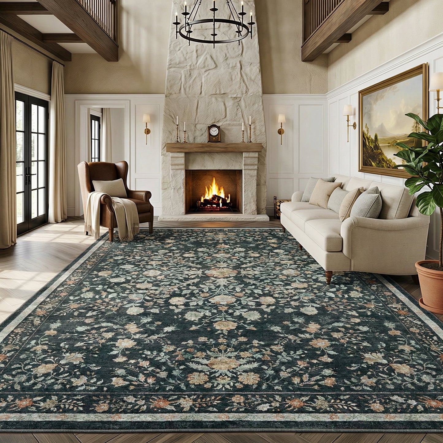 CHITOOMA 8'x10' Boho Area Rugs for Living Room, Machine Washable Floral Area Rug with Non-Slip Backing, Stain Resistant Non-Shed Carpet for Bedroom, Dining Room, Dorm, Office