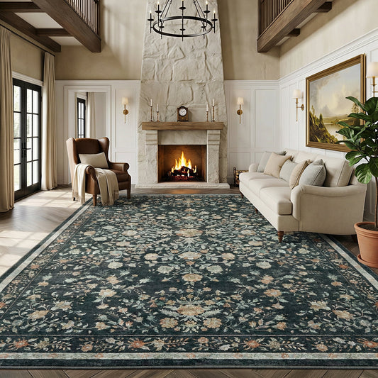 CHITOOMA 9'x12' Boho Area Rugs for Living Room, Machine Washable Floral Area Rug with Non-Slip Backing, Stain Resistant Non-Shed Carpet for Bedroom, Dining Room, Dorm, Office