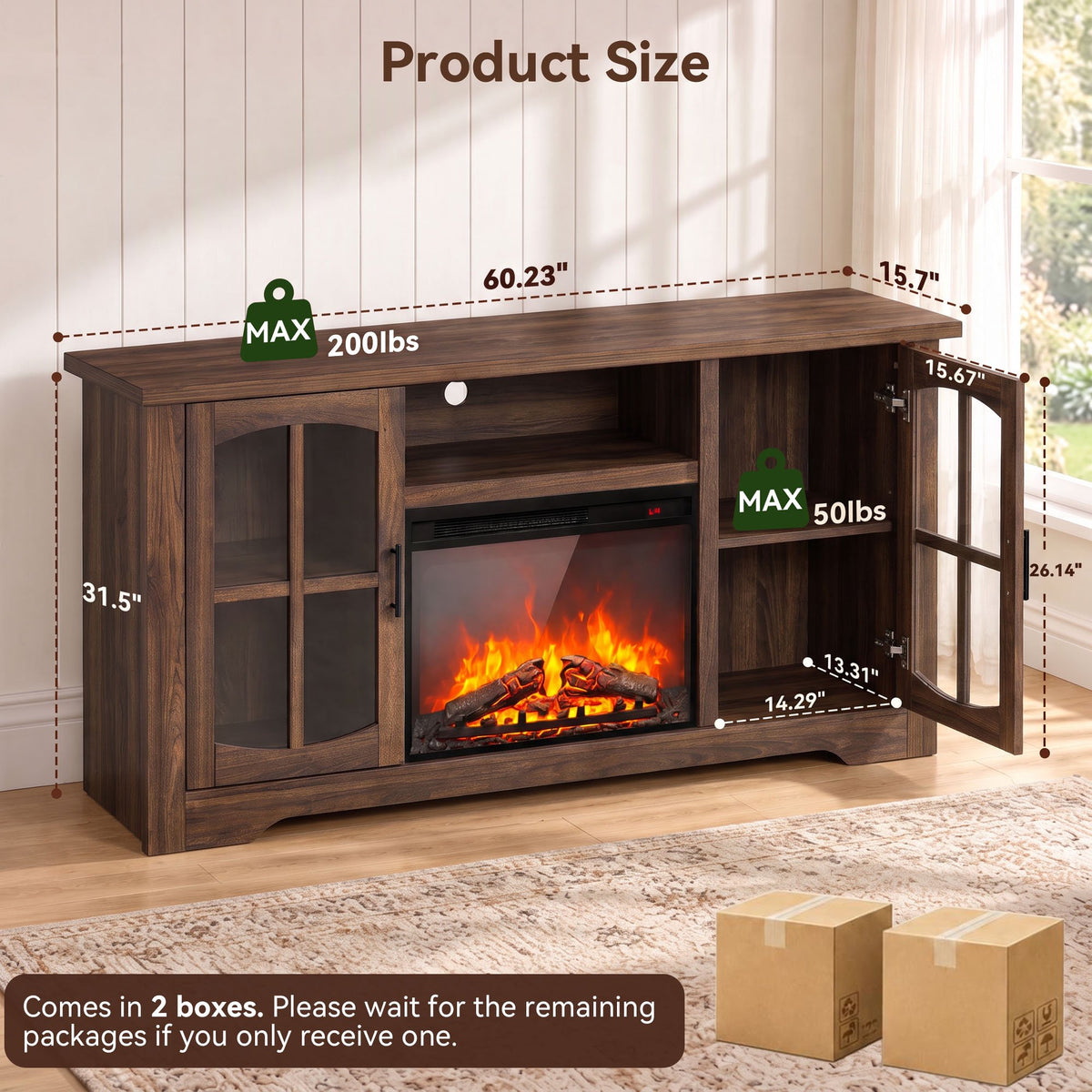 CHITOOMA Electric Fireplace TV Stand for 70" TVs with Glass Barn Doors, Farmhouse Entertainment Console with 23" Electric Fireplace, Holds up to 200 lbs, Brown
