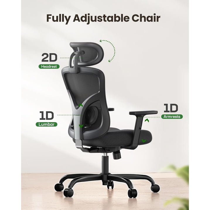 BESTERGO Ergonomic Office Chair with Adjustable Lumbar Support, 2D Headrest, Height-Adjustable Armrests, Reclining Backrest, Thick Seat Cushion, Rolling Desk Chair for Home Office