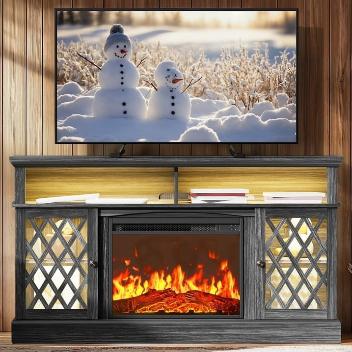 Farmhouse Fireplace TV Stand for 75 inch with LED Light, Adjustable Storage Shelves, Glass Doors, Media Entertainment Center with Fireplace for Living Room, Bedroom, Gray