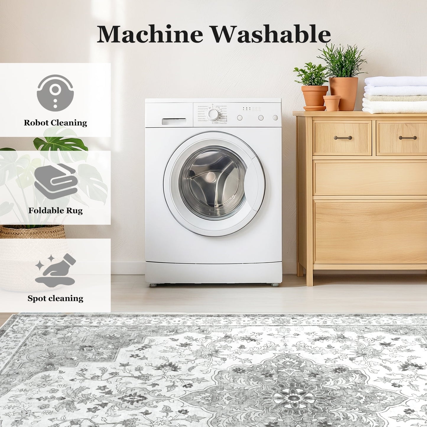 CHITOOMA 5'x7' Machine-washable Area Rugs for Living Room, Stain Resistant Non-Shed Carpet, Boho Floral Area Rugs with Non-Slip Backing for Bedroom, Dining Room, Dorm, Office