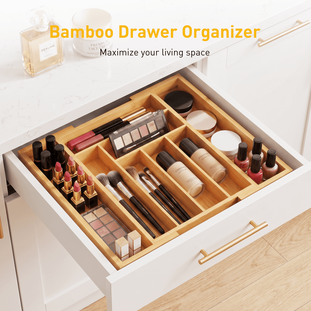 CHITOOMA Wood Bamboo Kitchen Drawer Organizer,Expandable Silverware Holder,Adjustable Kitchen Utensil Tray,for Forks, Spoons and Knives,8 Slots,Medium