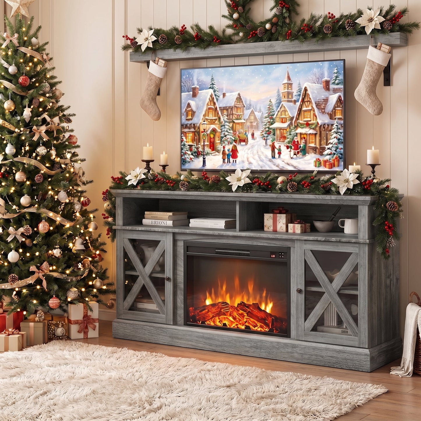 Electric Fireplace TV Stand for 75 inch TVs Farmhouse TV Console with 23″ Fireplace, Gray