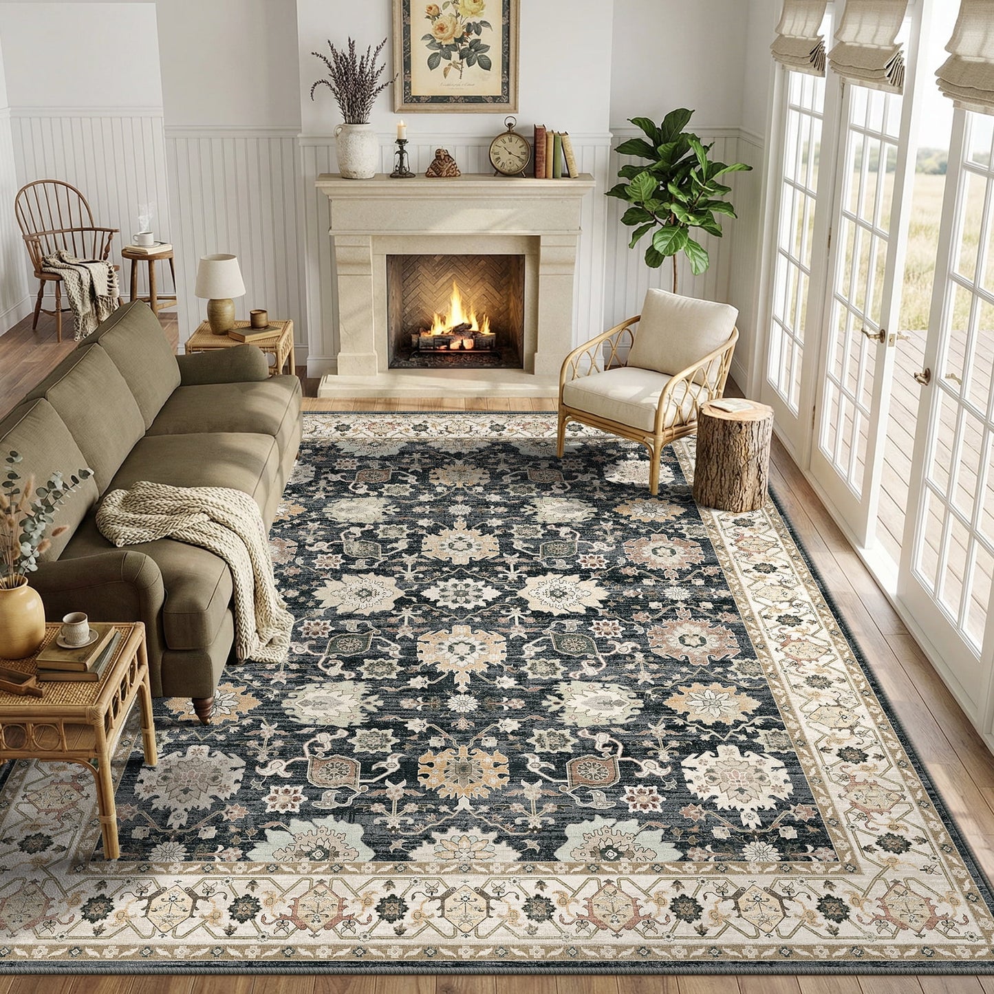 CHITOOMA 8'x10' Area Rugs for Living Room, Boho Machine Washable Floral Area Rug with Non-Slip Backing, Stain Resistant Non-Shed Carpet for Bedroom, Dining Room, Dorm, Office