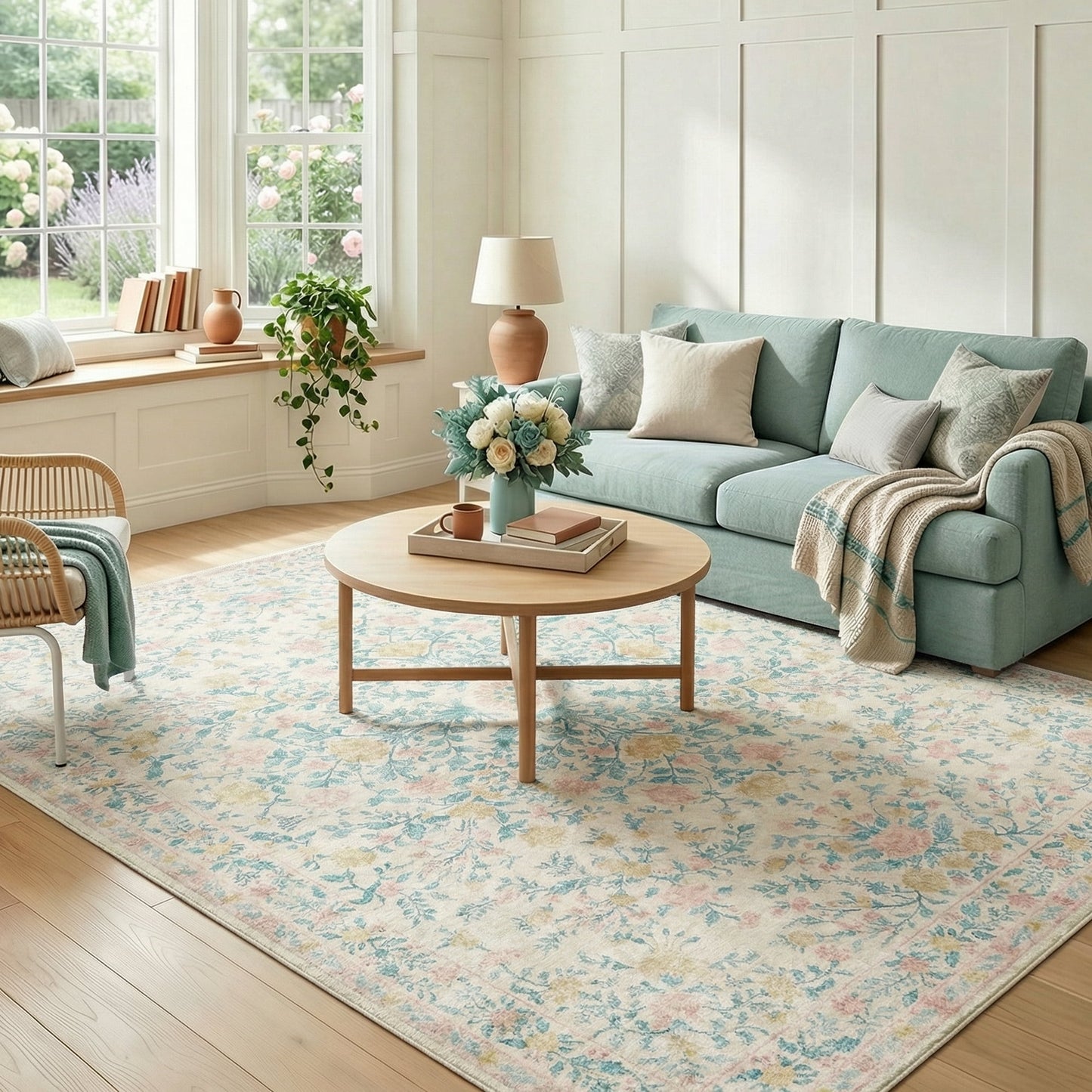 CHITOOMA 8'x10' Machine-washable Area Rugs for Living Room, Boho Floral Area Rugs with Non-Slip Backing, Stain Resistant Non-Shed Carpet for Bedroom, Dining Room, Dorm, Office