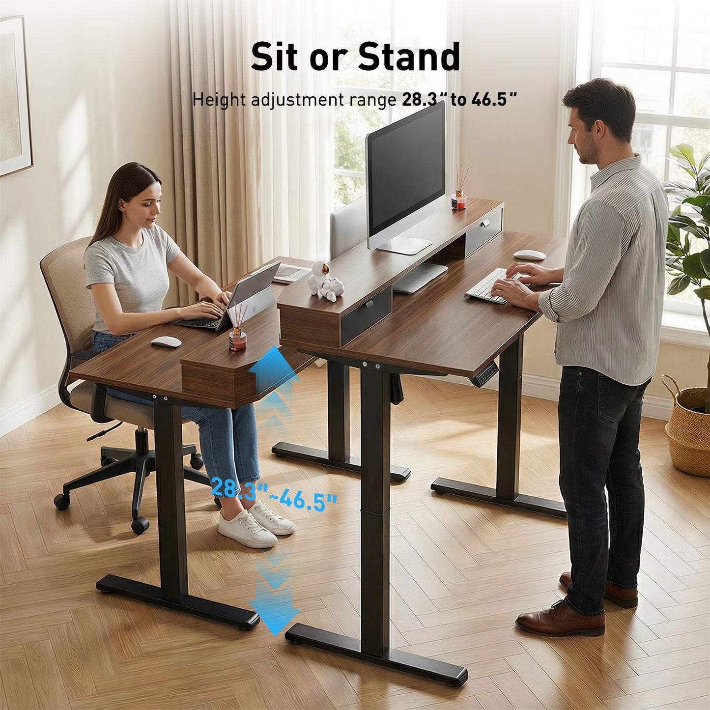 CHITOOMA 48″ x 24″ Standing Desk with Drawers, Electric Height Adjustable Sit Stand Desk with Storage Shelf, walnut