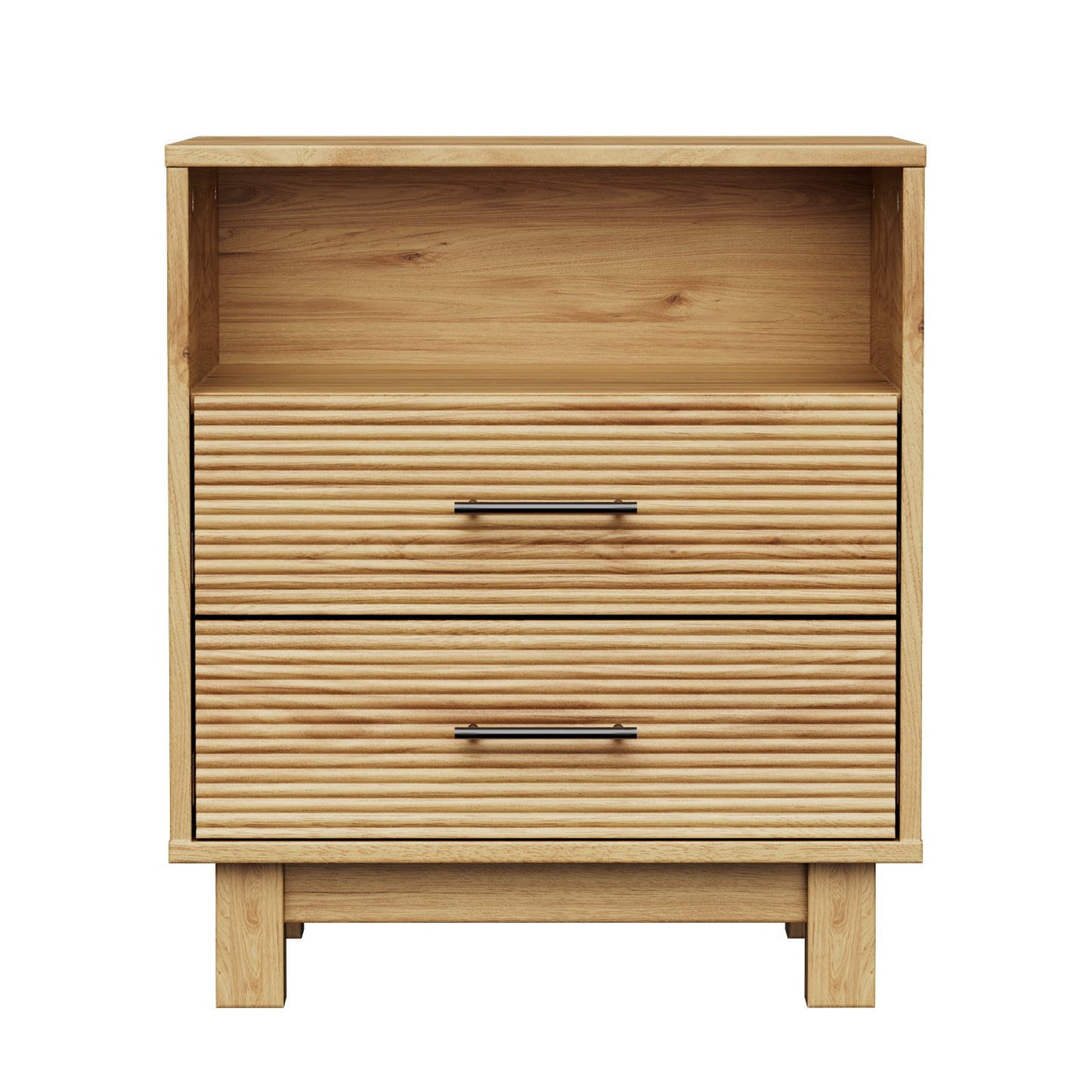 CHITOOMA 2-Drawer Nightstand with Open Shelf, Wood Fluted Bedside Table with Storage, Small End Table for Bedroom Living Room, Natural