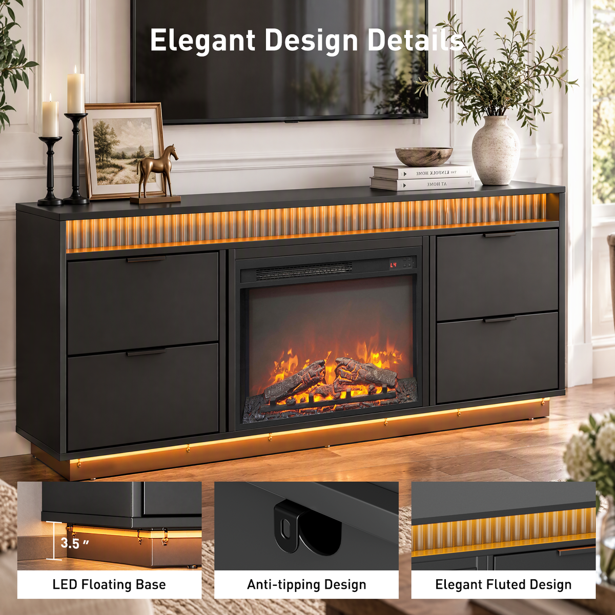 CHITOOMA Electric Fireplace TV Stand for up to 70" with 60000 RGB LED Light, Entertainment Center Console Table with 4 Large Drawers, Black