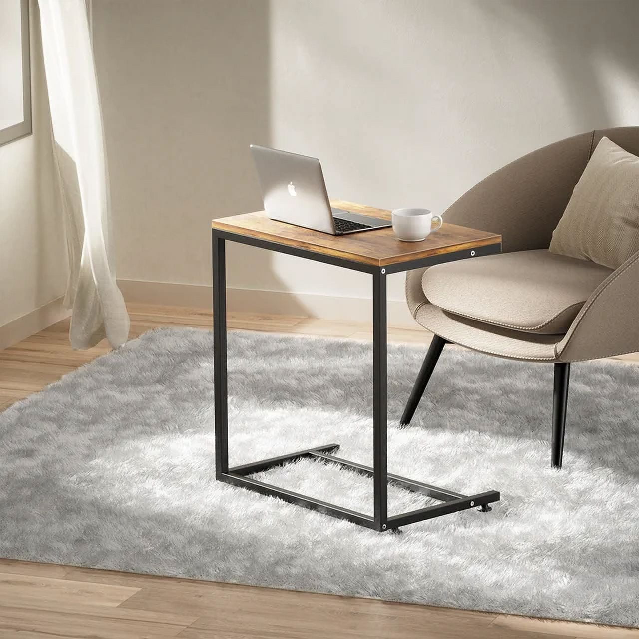2 PCS C Shaped Sofa Side End Table，Side Table TV Tray Table for Sofa,Couch Table with metal frame for livingroom,Bedroom,Rustic Brown