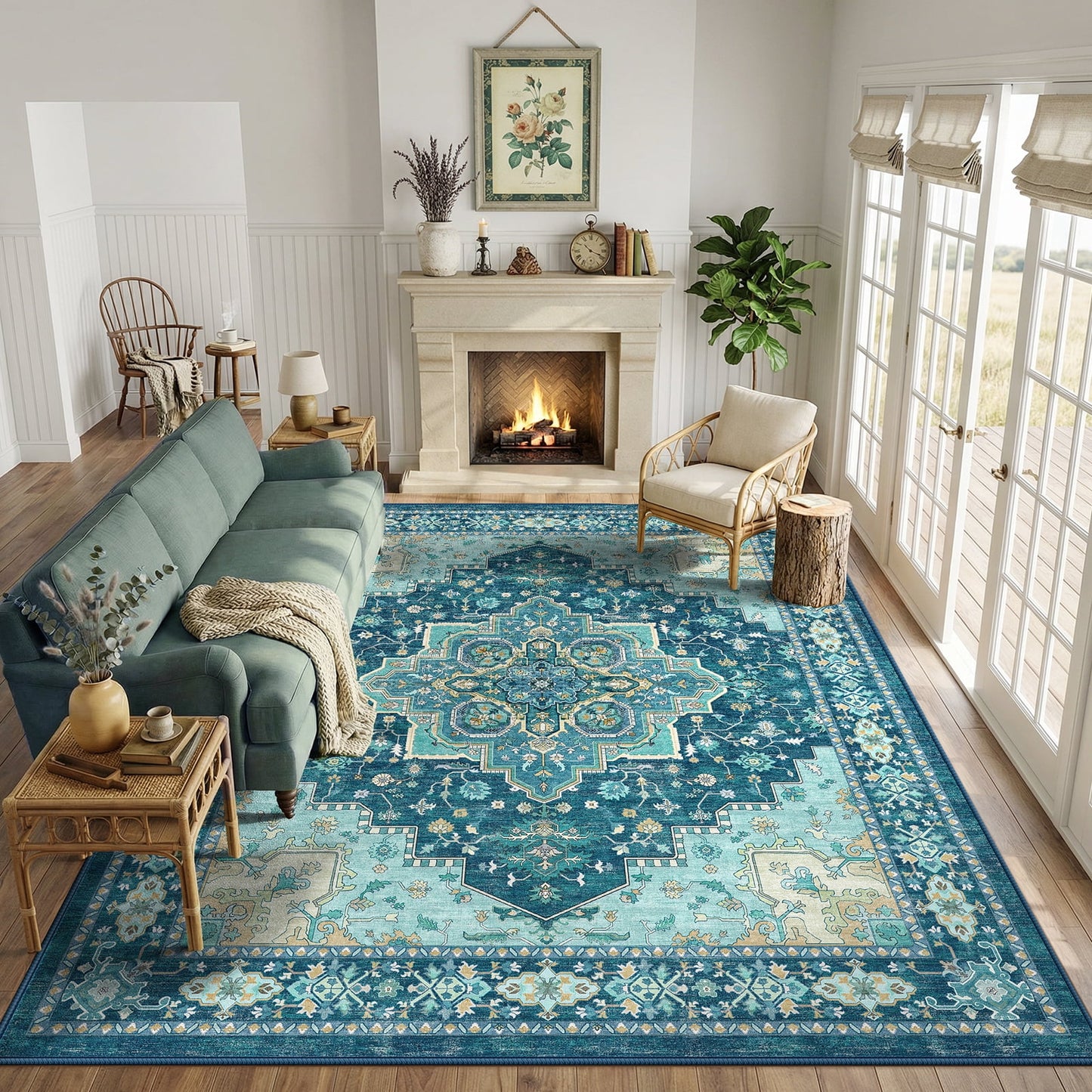 CHITOOMA 8'x10' Boho Area Rugs for Living Room, Machine Washable Stain Resistant Non-Shed Carpet, Area Rug with Non-Slip Backing for Bedroom, Dining Room, Dorm, Office
