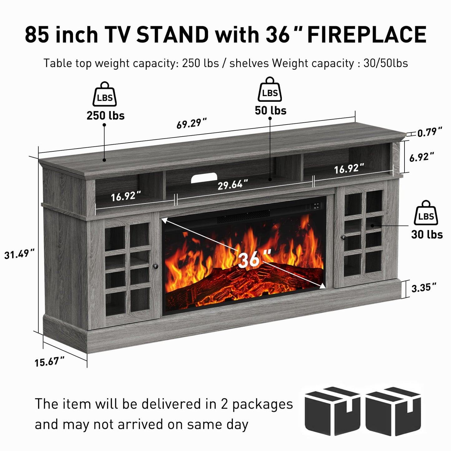Electric Fireplace TV Stand up to 85" TVs, Farmhouse Entertainment Center wiht 36" Fireplace for Living Room, Gray