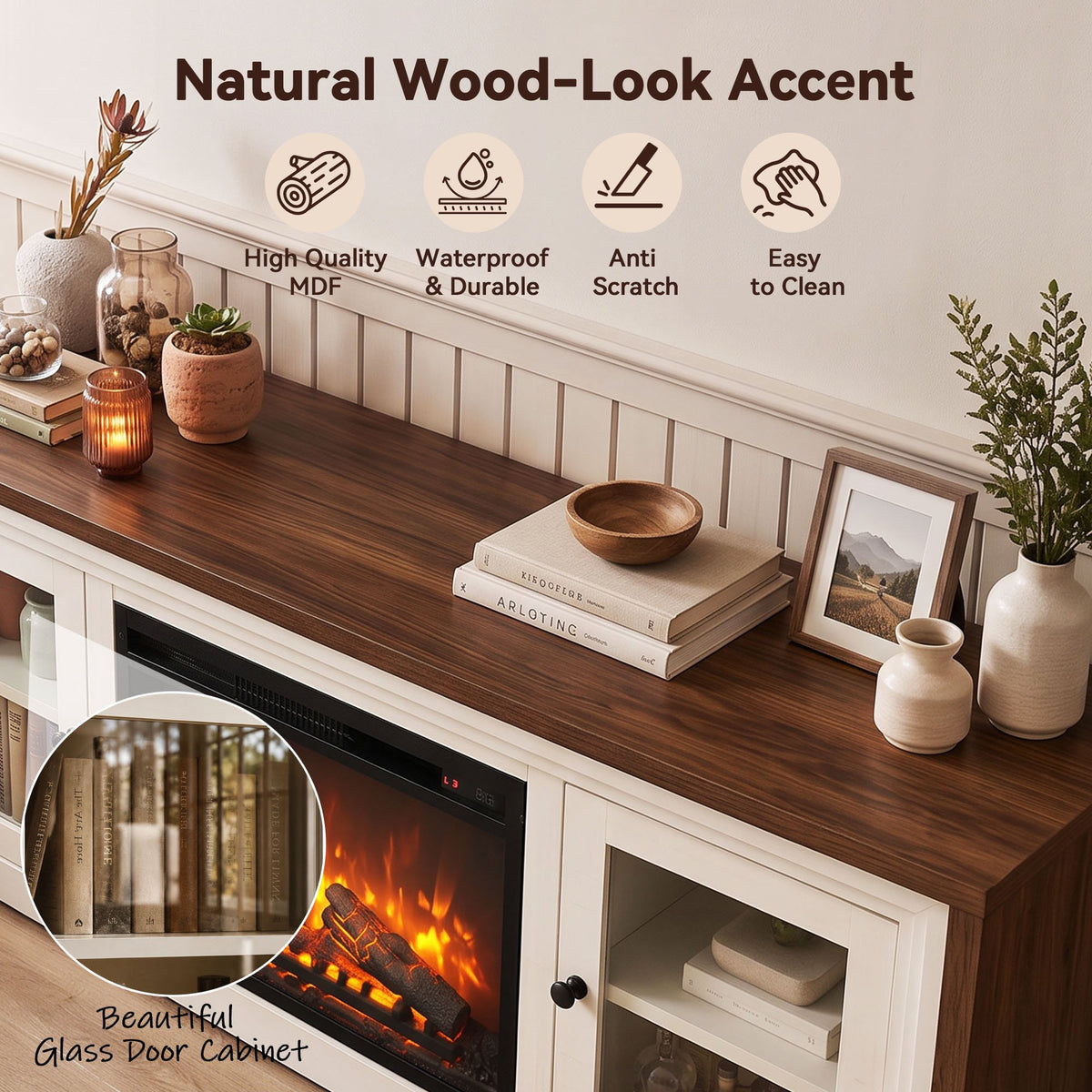 Modern Fireplace TV Stand with 24" Electric Fireplace up to 70" TV, Fireplace TV Console with Glass Barn Doors & Adjustable Shelf, 5100BTU, White