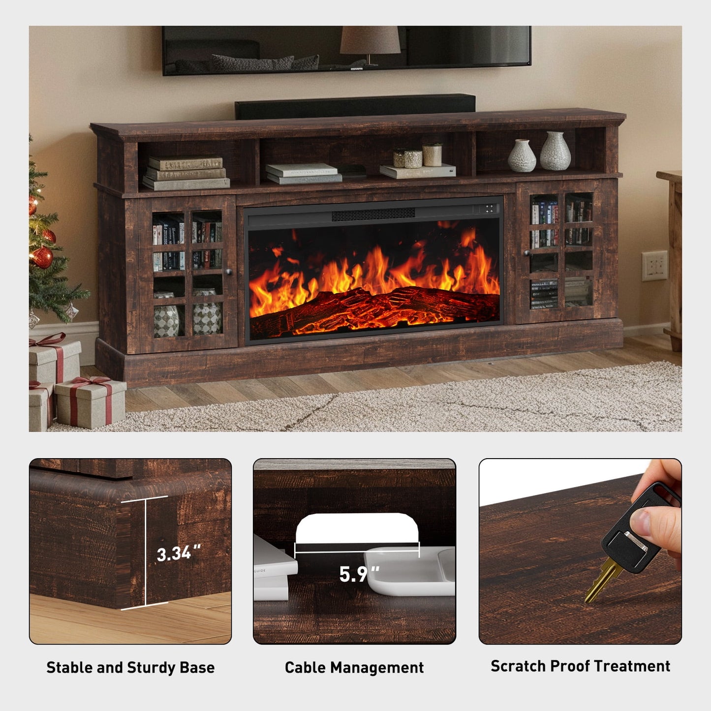 Electric Fireplace TV Stand up to 85" TVs, Farmhouse Entertainment Center wiht 36" Fireplace for Living Room, Vintage Brown