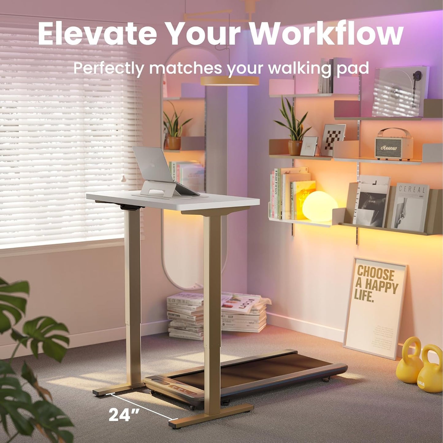 Kyspho Electric Standing Desk with 4 Memory Height Settings, 32" Small Height Adjustbale Desk, Sit Stand Up Desk for Home Office, White + Gold