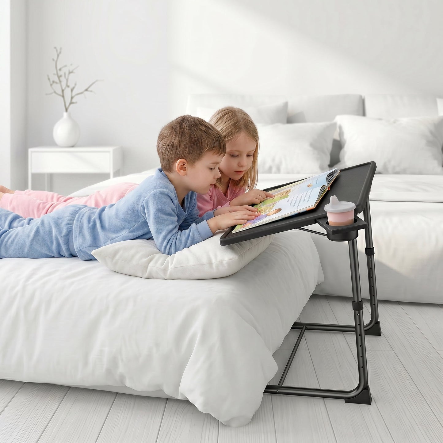 PERLESMITH Adjustable Height TV Tray, Folding Table Trays with Cup Holder, 6 Height & 3 Tilt Angle for Couch, Sofa and Bed, Black