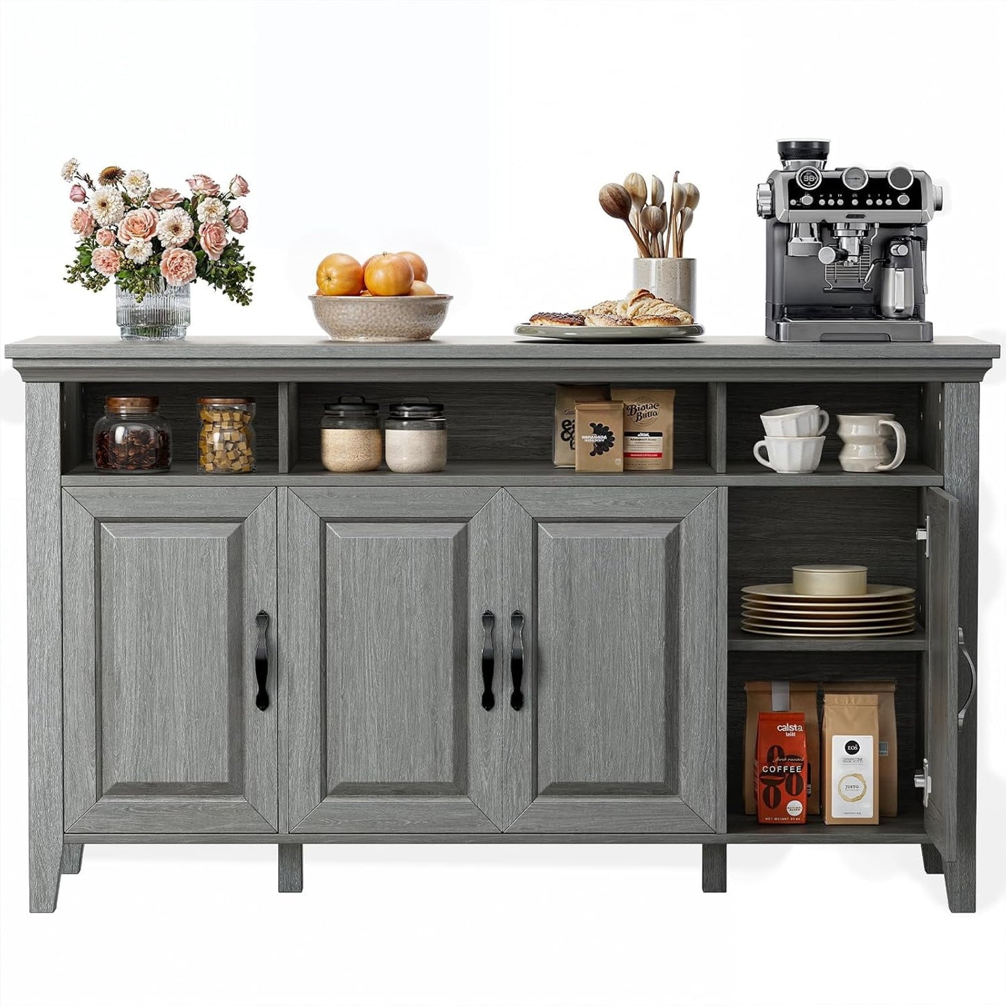 CHITOOMA 55" Sideboard Buffet Cabinet with Adjustable Shelves & 4 Doors, Modern Farmhouse Coffee Bar Cabinet for Kitchen Dinning Room, Gray