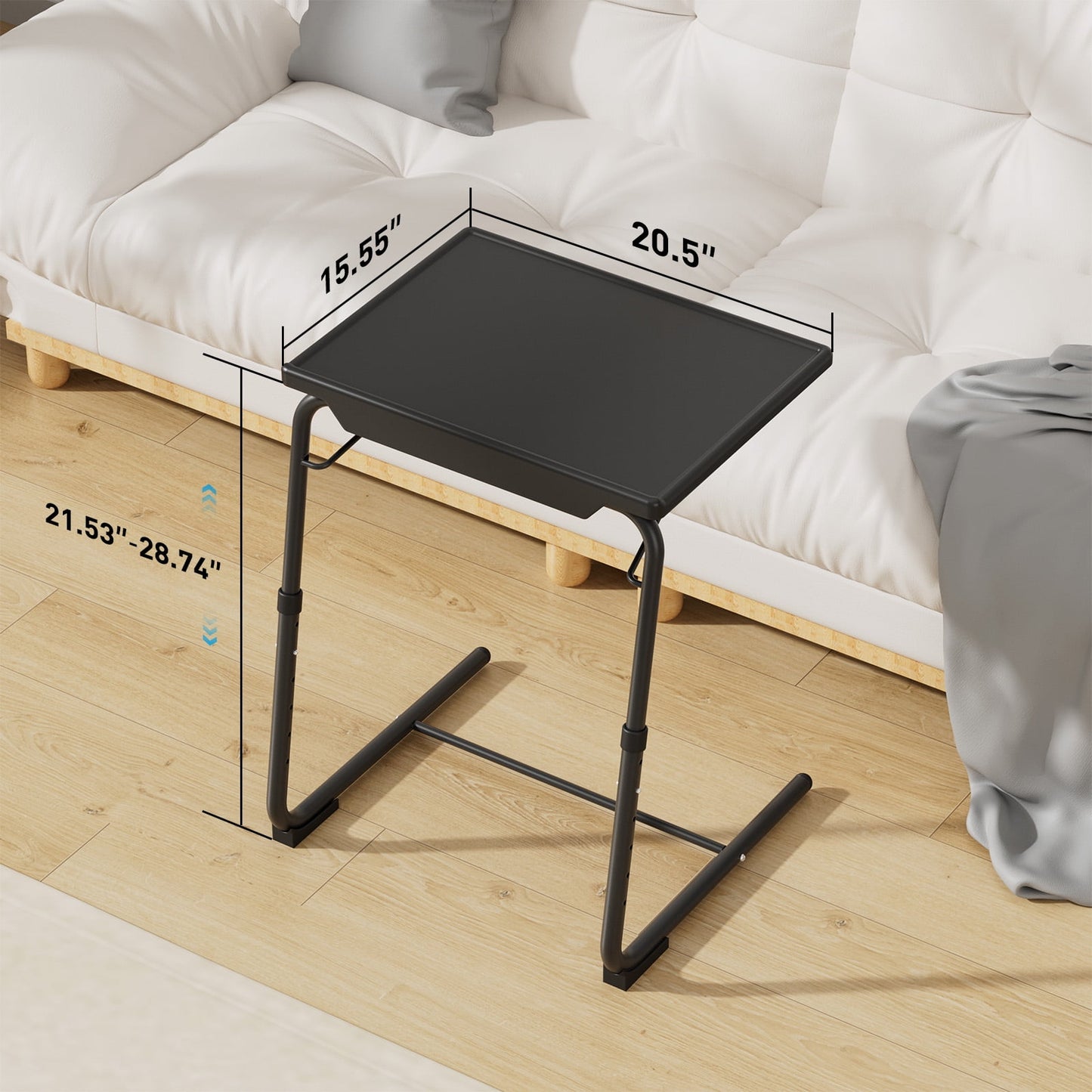 TV Tray Table with Cup Holders, Portable C-Shaped Side Dinner Tray Table, Adjustable 6 Heights & 3 Tilt Angle for Living Room, Bedroom, Black