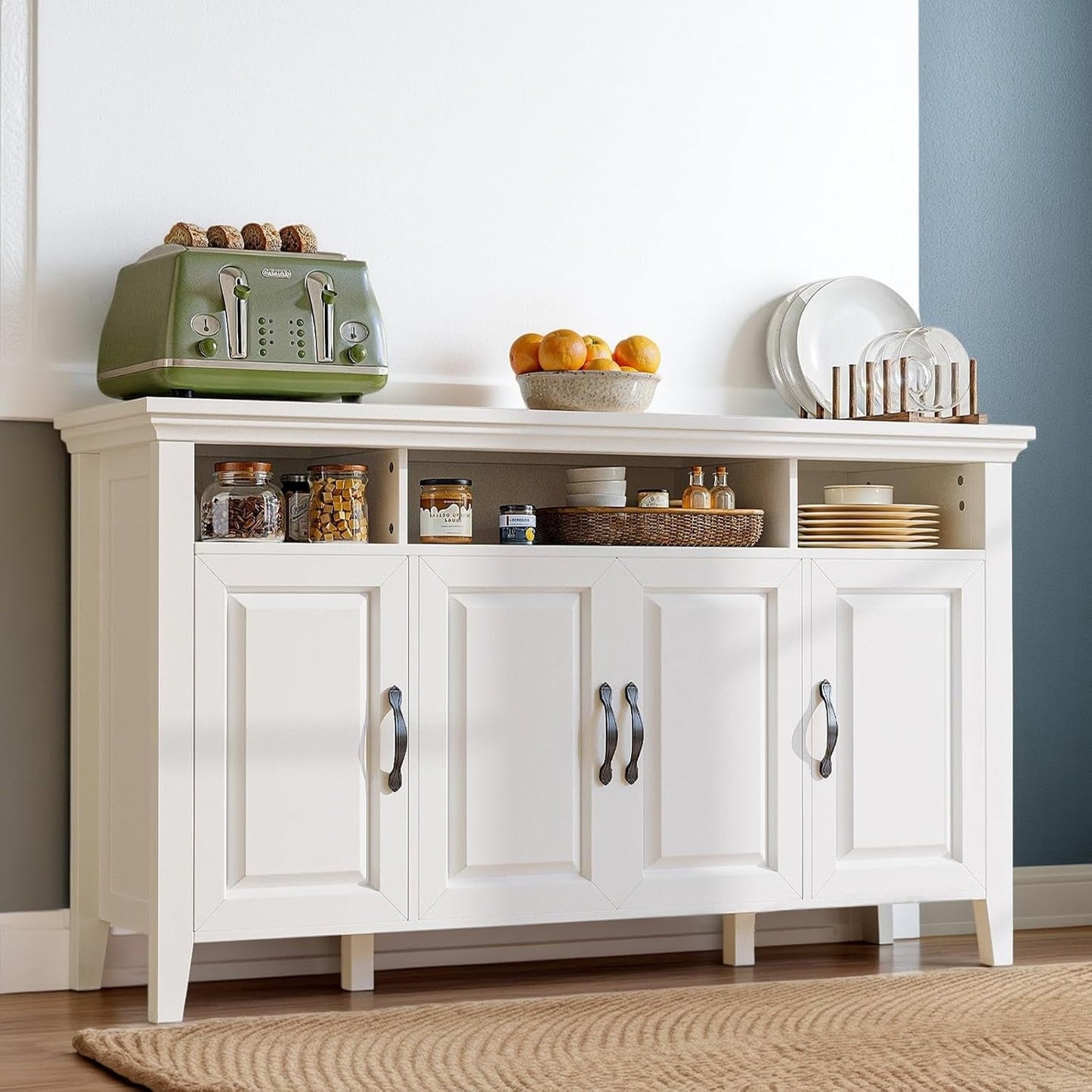 CHITOOMA 55" Sideboard Buffet Cabinet with Adjustable Shelves & 4 Doors, Modern Farmhouse Coffee Bar Cabinet for Kitchen Dinning Room, White