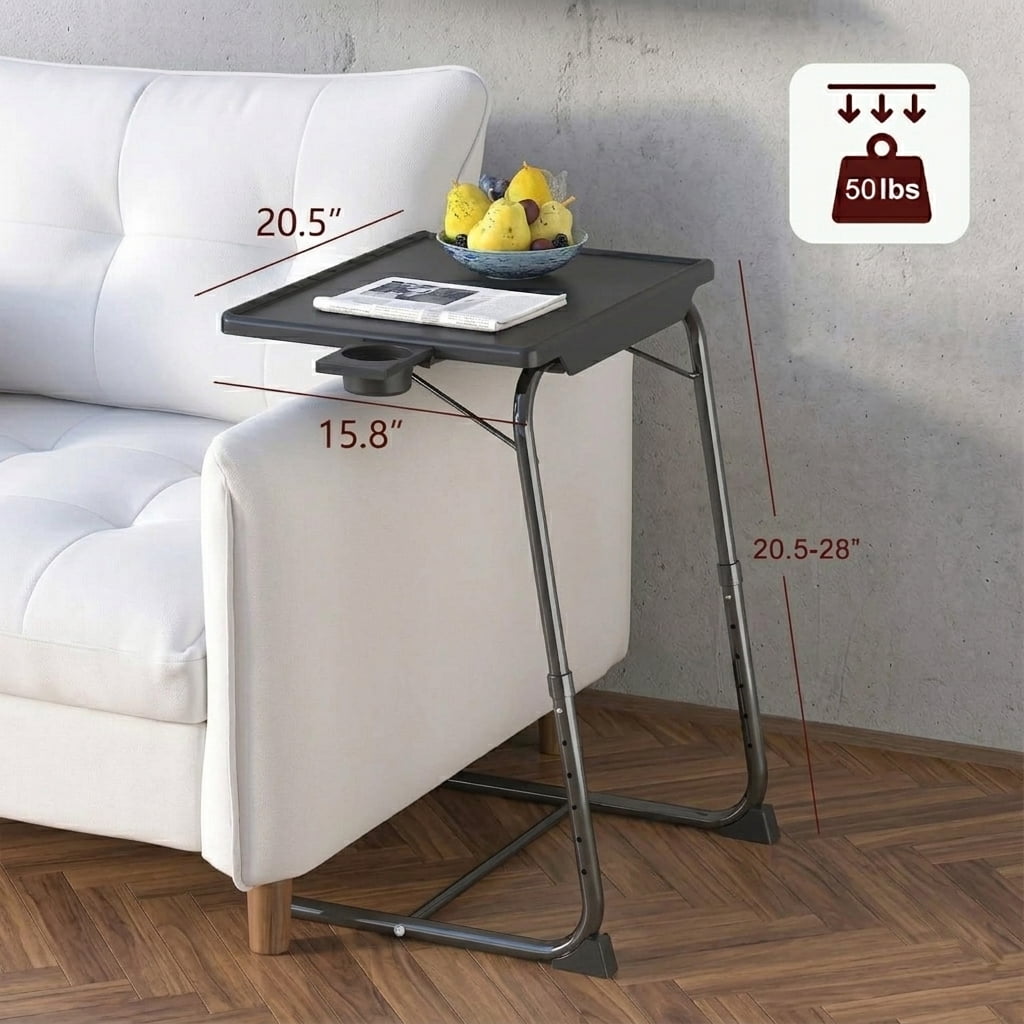 CHITOOMA TV Tray Table with 3" Cup Holder, Adjustable TV Dinner Tray for Eating, 6 Heights & 3 Tilt Angles, Up to Hold 50 lbs, Black