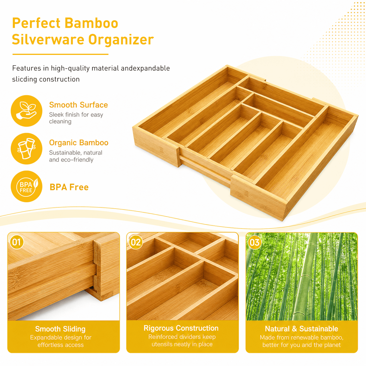 CHITOOMA Wood Bamboo Kitchen Drawer Organizer,Expandable Silverware Holder,Adjustable Kitchen Utensil Tray,for Forks, Spoons and Knives,8 Slots,Medium