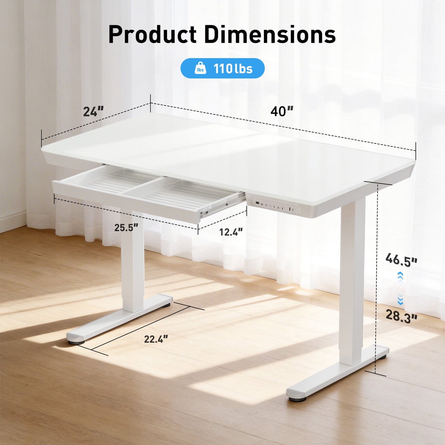 One-Piece Glass Standing Desk with USB & Type-C & Drawers, 40"×24" Electric Adjustable Stand Up Desk for Small Apartment, Glass Tabletop Office Computer Desk, White